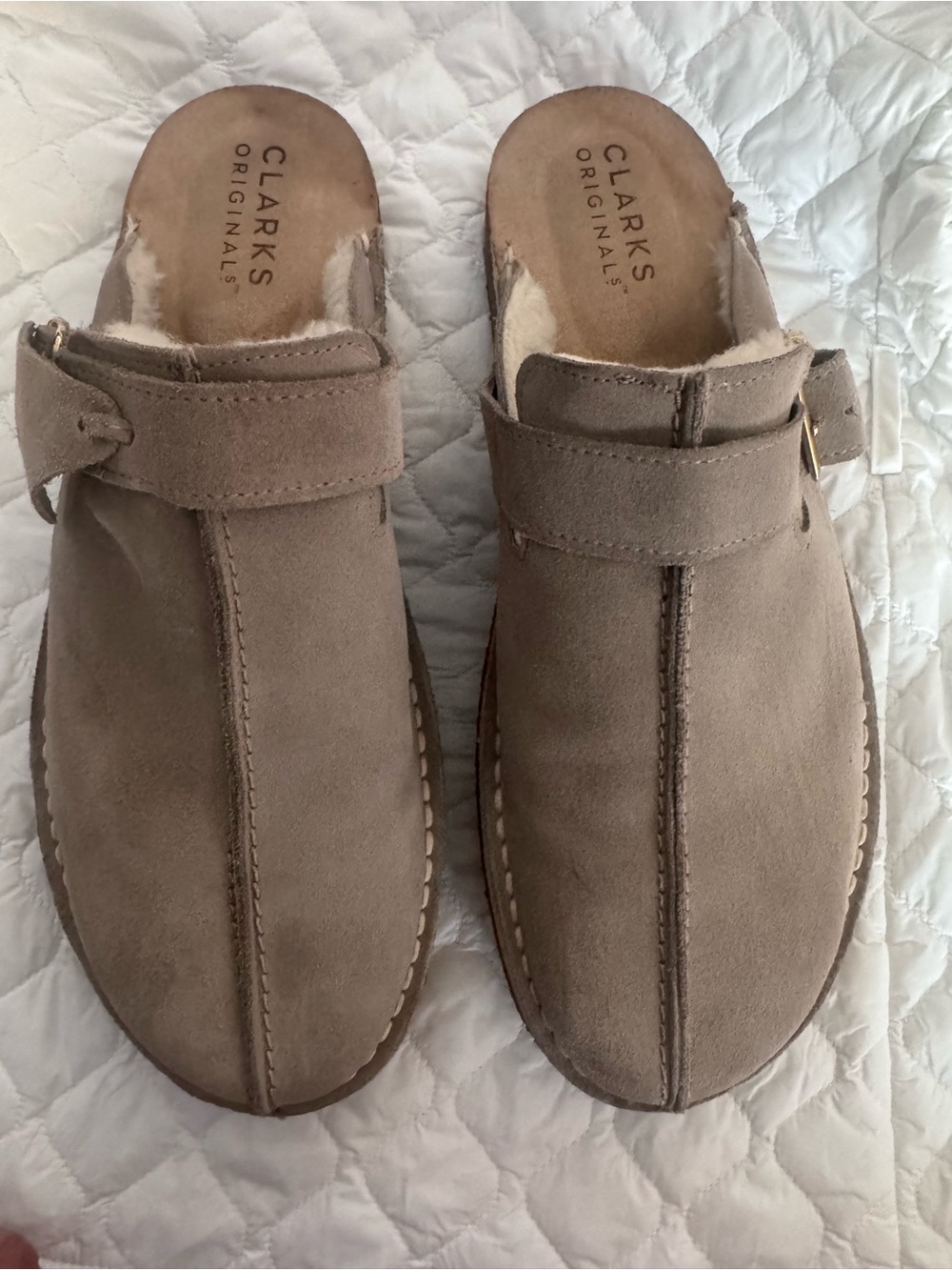 Clarks Taupe Suede Shearling-Lined Slip-On Mules